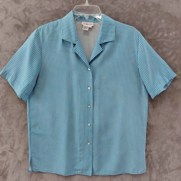 Talbots Tops - Talbots VTG 100% Silk Gingham Short Sleeve Shirt Women's 10 Aqua Coastal